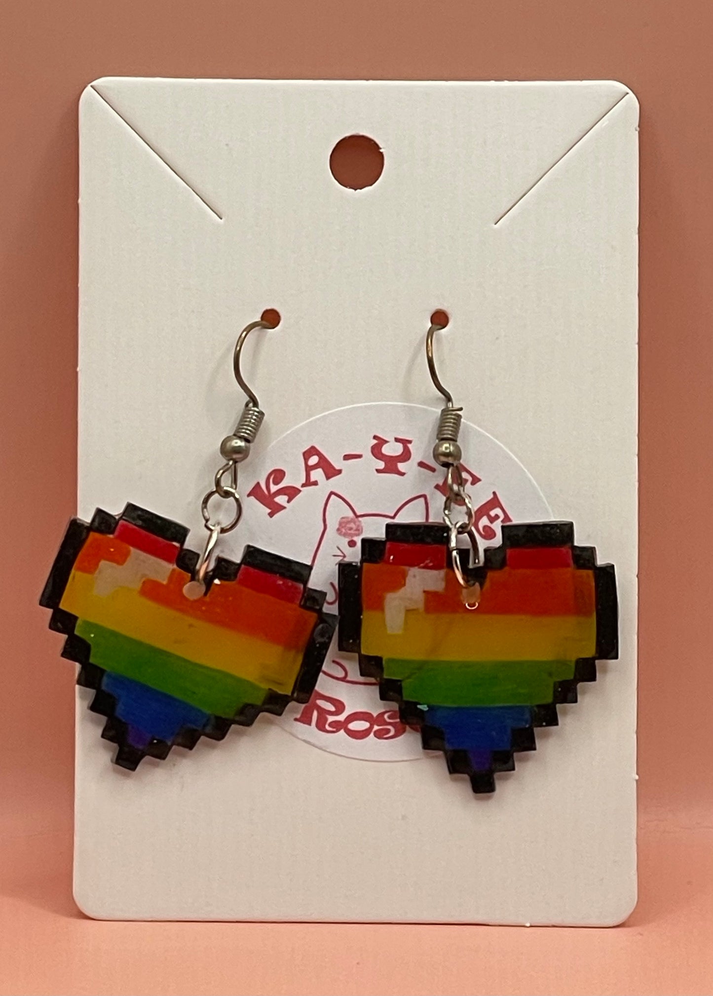 Pixelated Rainbow Heart Earrings