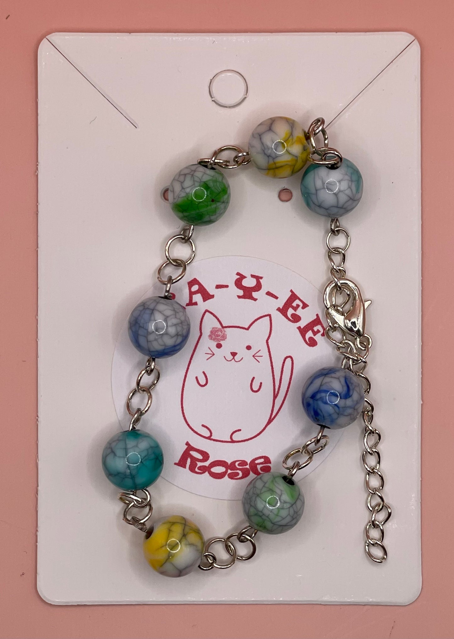 Blue, Turquoise, Yellow and Green Black Crackle Bead Bracelet