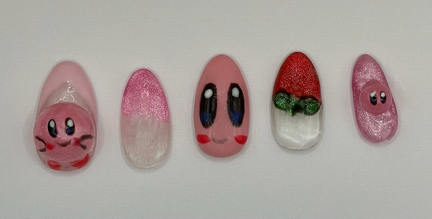 Pink Puffball Character Medium Almond Press On Nails