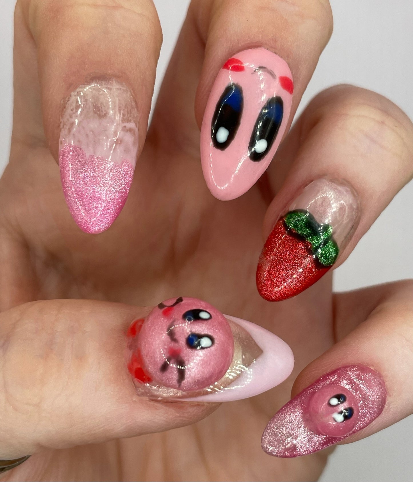 Pink Puffball Character Medium Almond Press On Nails